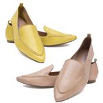 Kit 02 Mocassins Femininos Confort Bico Fino Couro Legítimo Nude e Amarelo