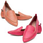 Kit 02 Mocassins Femininos Confort Bico Fino Couro Legítimo Pink e Coral