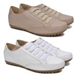 Kit 02 Sapatênis Feminino Em Elástico Couro Legítimo Branco e Nude