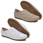 Kit 02 Sapatênis Feminino Em Elástico Couro Legítimo Branco e Nude