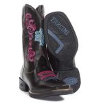 Bota Feminina Texana Cano Alto Café Bordado Rosa