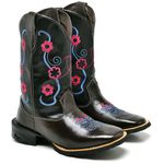Bota Feminina Texana Preta e Café Bordado Rosa
