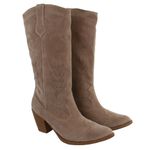 Bota Feminina Western Cano Longo Bordado Camurça Taupe