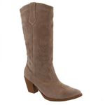 Bota Feminina Western Cano Longo Bordado Camurça Taupe