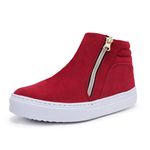 Tênis Casual Feminino Cano Alto com Zíper Camurça Vermelho