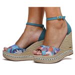 Sandália Feminina Anabela Floral Couro Legítimo Verde