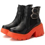 Bota Chelsea Feminina Cano Baixo Tratorado Couro Legitimo Preto Laranja
