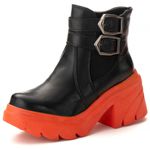 Bota Chelsea Feminina Cano Baixo Tratorado Couro Legitimo Preto Laranja