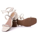 Sandália Salto Médio Feminina Salto Médio Bloco Grosso Tiras Com Strass Off-White