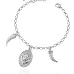 Pulseira coleção Istambul com pingentes de dente de sabre e pingente central medalha oval de desenho em relevo de Leão.