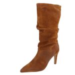 Bota Feminina Salto Fino Bico Fino Enrugada Slouchy Em Couro Maria Paula Camel