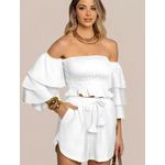 Conjunto Feminino Cropped Manga Ciganinha Shorts Curto - Branco