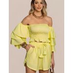 Conjunto Feminino Cropped Manga Ciganinha Shorts Curto - Amarelo