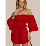 Conjunto Feminino Cropped Manga Ciganinha Shorts Curto - Vermelho