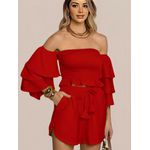 Conjunto Feminino Cropped Manga Ciganinha Shorts Curto - Vermelho