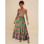 Vestido Maria Longo Decote Reto Estampa Tucano