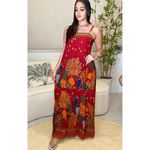 Vestido Longo Maisa Decote Reto Estampa Florida - Vemelho