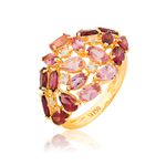 Anel Ouro 18K Largo com Turmalinas Rosa, Rodolitas e Topázios