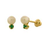 Brinco Infantil Ouro 18K Com Pérola e Esmeralda