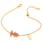 Pulseira Ouro 18K com Filha Menina e Letra E Pedras Safira Rosa