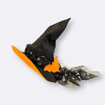 Chapéu Bruxa Tule Estrelado Preto e Laranja Halloween 