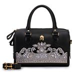 Bolsa Baú em Couro Preto com Bordado Prata Rita