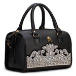 Bolsa Baú em Couro Preto com Bordado Prata Rita