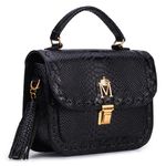Bolsa em Couro com Passantes e Bambolim Cobra Preta Monica