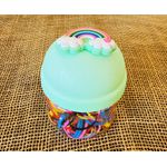 POTE DE ELÁSTICOS PARA CABELO - TEMA ARCO-IRÍS - (COR DA TAMPA - VERDE)