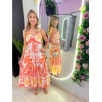 VESTIDO MIDI AJUSTE BUSTO LARANJA ESTAMPADO