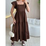 VESTIDO TRICOLINE BABADOS MARROM ESCURO