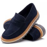 Sapato Masculino Loafer Tratorado Camurça Azul Marinho