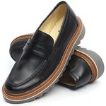 Sapato Masculino Loafer Tratorado Couro Roma Premium Liso Preto
