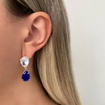 BRINCO GOTA DUPLA ZIRCÔNIA CRISTAL E AZUL ESCURO PRATA 925