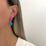 BRINCO GOTA DUPLA ZIRCÔNIA ROSA E AZUL PRATA 925