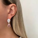 BRINCO GOTA DUPLA ZIRCÔNIA CRISTAL E ROSA PRATA 925