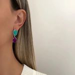 BRINCO GOTA DUPLA ZIRCÔNIA VERDE E ROXO PRATA 925