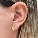 BRINCO FLOR AMARELO ZIRCÔNIA CRISTAL PRATA 925