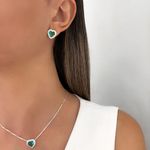 CONJUNTO BRINCO E PINGENTE CORAÇÃO ZIRCÔNIA VERDE ÁGUA E CRISTAL PRATA 925