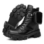 Bota Coturno Feminino Tratorado Militar Com Bolsinha Lateral Removível Preto