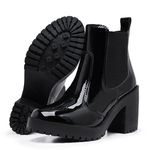 Bota Coturno Feminino Salto Médio Tratorada Elástico Confortável Preto Verniz