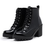 Bota Coturno Feminino Salto Médio Tratorada Macia Confortável Preto Verniz