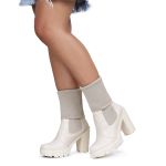 Bota Coturno Salto Alto Tratorada Meia Cano Curto e Longo Off White Confortável 2 em 1