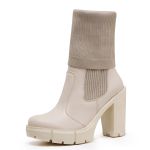 Bota Coturno Salto Alto Tratorada Meia Cano Curto e Longo Off White Confortável 2 em 1