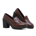 Mocassim Feminino Oxford Salto Alto Cappuccino