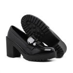 Mocassim Feminino Oxford Salto Alto Preto Verniz