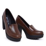 Mocassim Feminino Oxford Salto Alto Com Metal Cappuccino