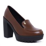 Mocassim Feminino Oxford Salto Alto Com Metal Cappuccino