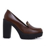 Mocassim Feminino Oxford Salto Alto Com Metal Cappuccino