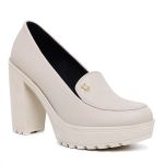 Mocassim Feminino Oxford Salto Alto Com Metal Off White